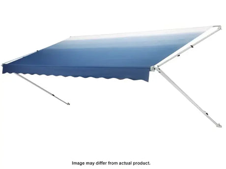 Blue and white retractable awning in Univ Azure with an azure blue color vibe