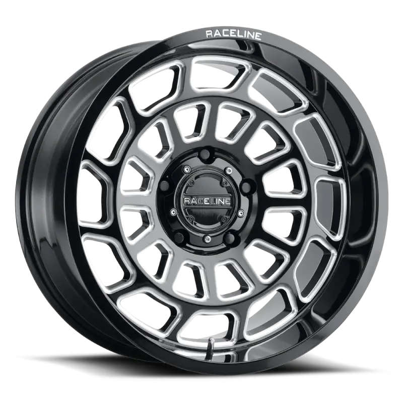 Black and silver Raceline 955M Warp 20x9in wheel for rugged off-road look