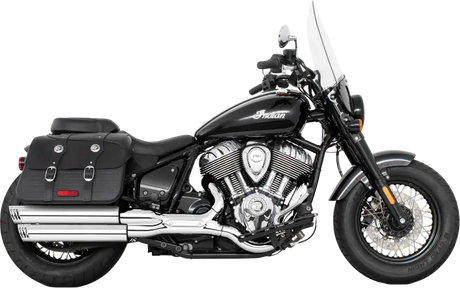 Black Indian Chief cruiser motorcycle with saddlebags and windshield, racing slip on 3.25’’ with removable baffles