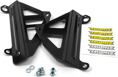 Black radiator braces with mounting hardware and stickers for Radiator Braces Black setup