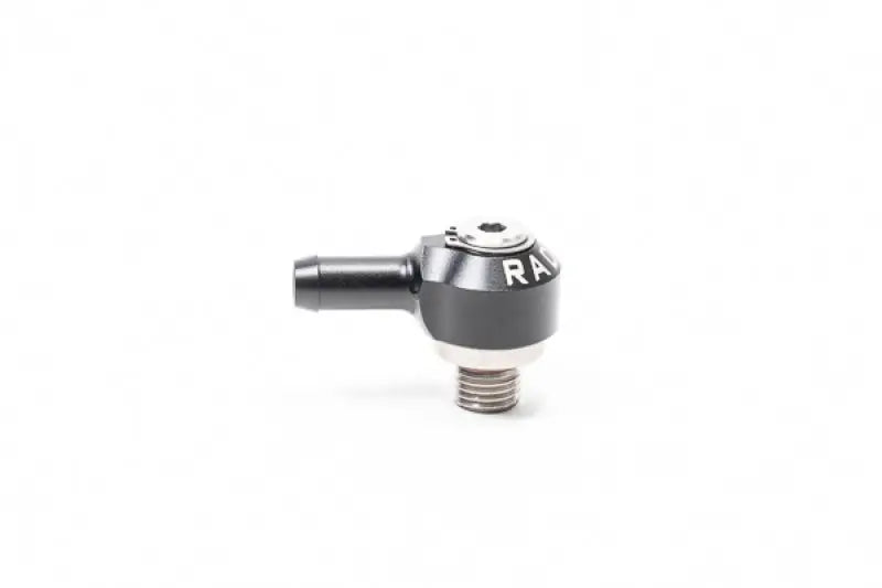 Black metal fitting with threaded base for Radium 4AN ORB swivel banjo to 8.5mm barb