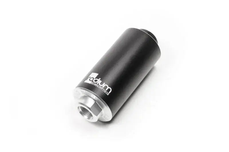 Radium Engineering 10 Micron Stainless Check Valve Fuel Filter with sleek black design.