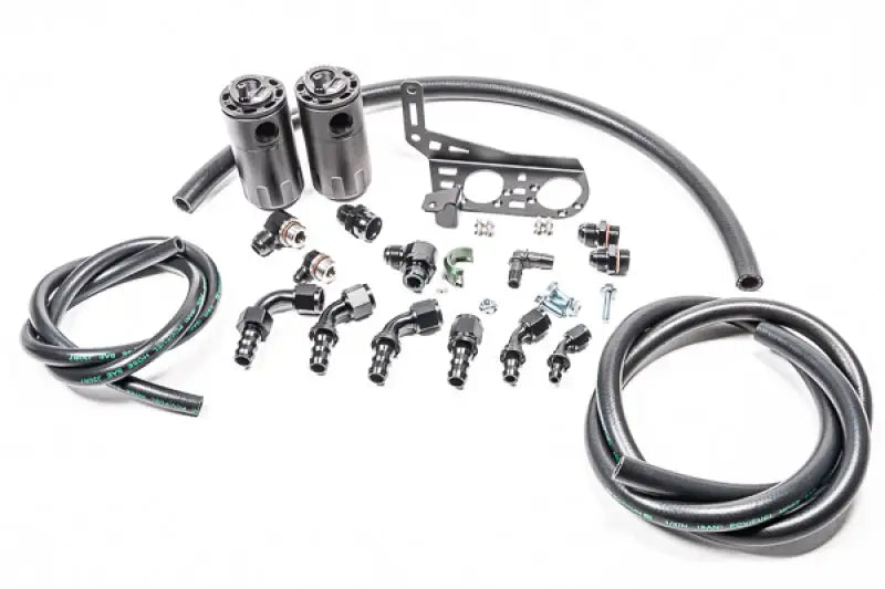 Chrome-plated motorcycle brake line kit with black hoses and fittings for Radium Engineering Dual Catch Can Kit