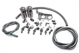 Chrome-plated motorcycle brake line kit with black hoses and fittings for Radium Engineering Dual Catch Can Kit