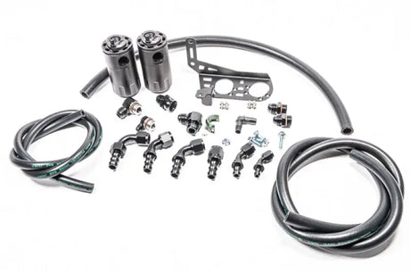 Chrome-plated motorcycle brake line kit with black hoses and fittings for Radium Engineering Dual Catch Can Kit