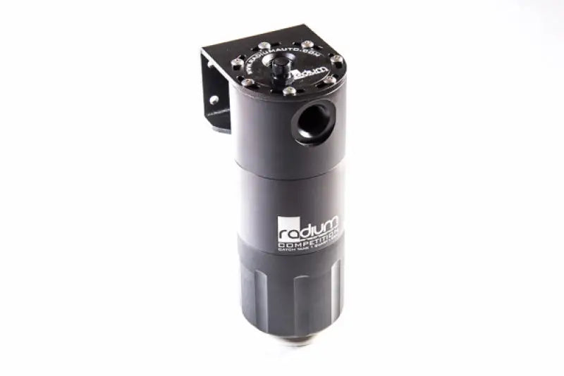 Black cylindrical oil catch can with mounting bracket from Radium Engineering Universal Tall Kit