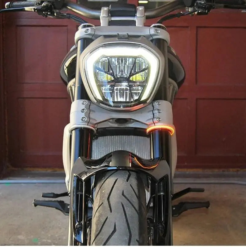 Motorcycle front view with RAGE-360-56 360 Turn Signals 56mm for better visibility