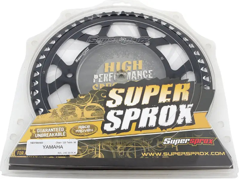 Black motorcycle rear sprocket and chain kit in packaging for ral-245-50-blk upgrade