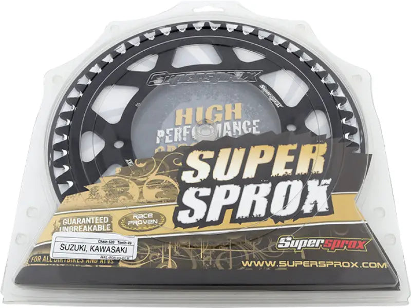 Black motorcycle rear sprocket in plastic packaging RAL-808-49-BLK 49t 520 Blk Suz