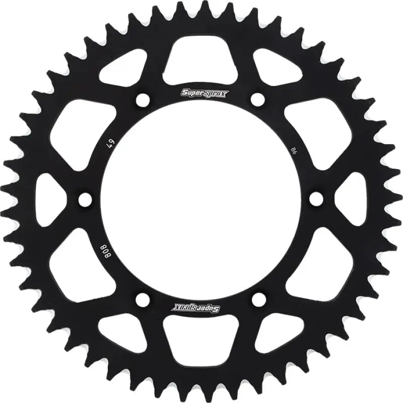 Black motorcycle rear sprocket ral-808-49-blk with multiple mounting holes for chain life