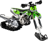 Green and black dirt bike converted into a snowmobile with hon fit kit by Rale Industries