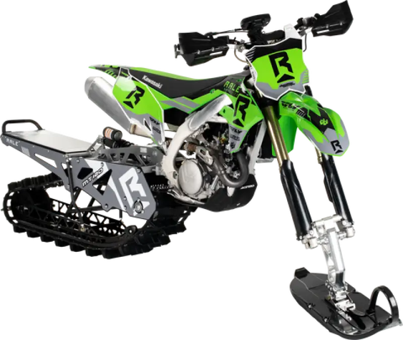Green and black dirt bike converted into a snowmobile with hon fit kit by Rale Industries