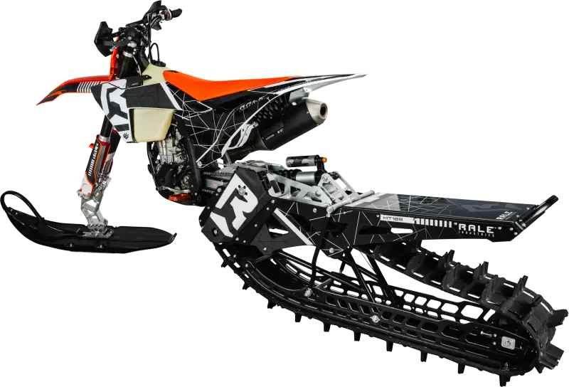 Rale Industries 2024 MT129 Snowbike Conversion Kit with orange seat and black white graphics