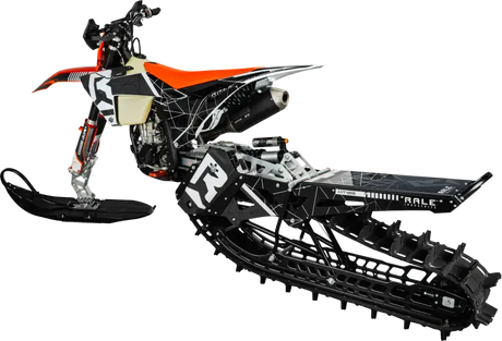 Rale Industries 2024 MT129 Snowbike Conversion Kit with orange seat and black white graphics