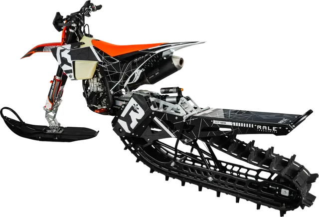 Rale Industries 2024 MT129 Snowbike Conversion Kit with orange seat and black white graphics