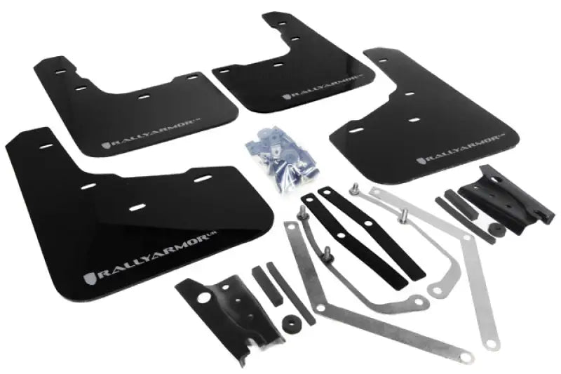 Four black Rally Armor mud flaps with mounting hardware for Ford Fiesta ST