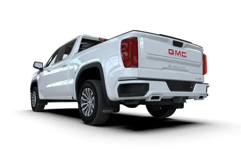 White GMC Sierra pickup truck with Rally Armor mud flap featuring white logo