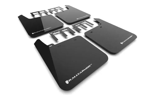 Black mud flaps with white logo and mounting hardware for GMC Sierra Rally Armor