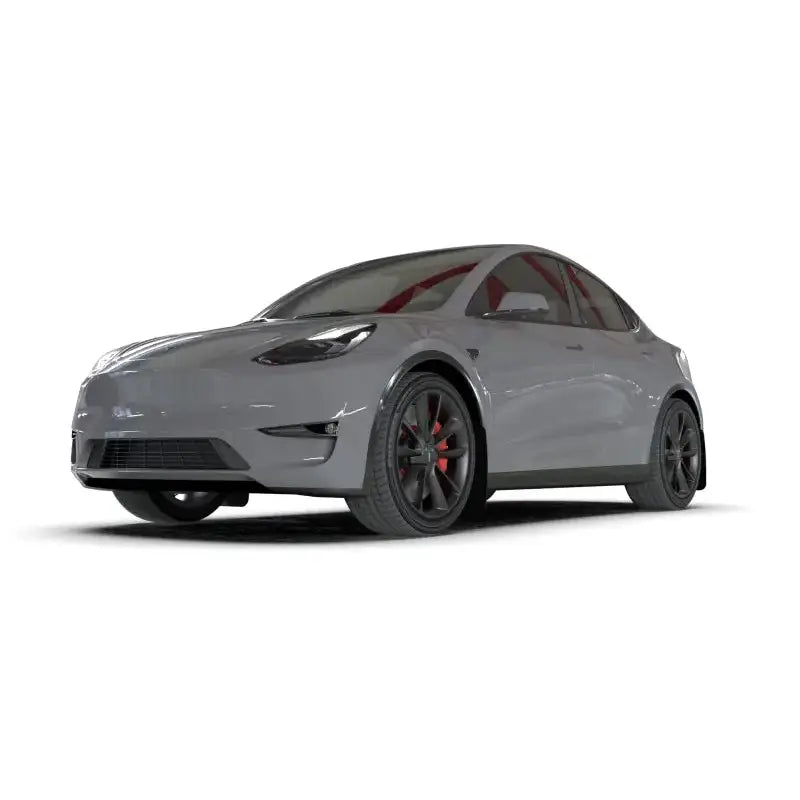 Gray Tesla Model Y with Rally Armor Black Mud Flaps featuring a metallic black logo