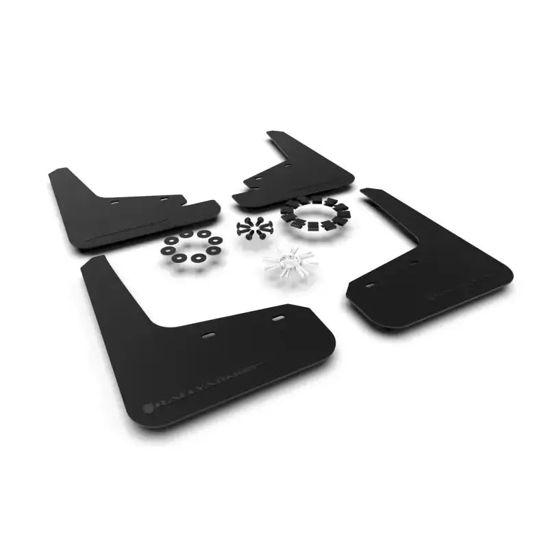 Black mud flaps and mounting hardware for Rally Armor 20-22 Tesla Model Y with metallic logo