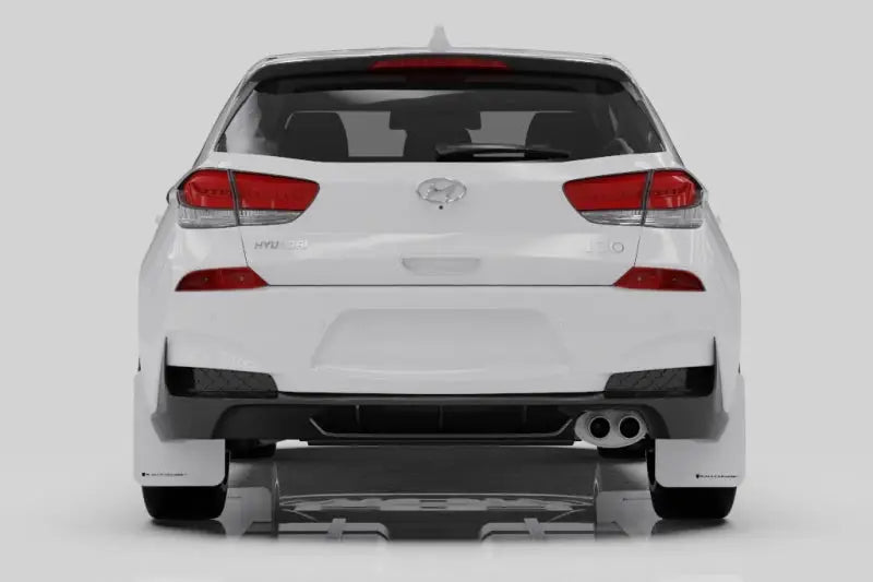 White Hyundai i30 N hatchback rear view with Rally Armor mud flaps for Hyundai Elantra N Line