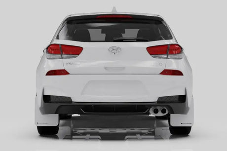 White Hyundai i30 N hatchback rear view with Rally Armor mud flaps for Hyundai Elantra N Line