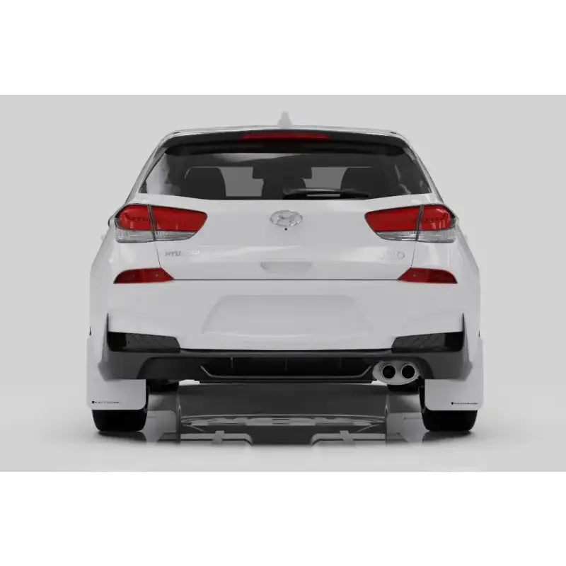 White Hyundai i30 N hatchback rear view with Rally Armor mud flaps for Hyundai Elantra N Line