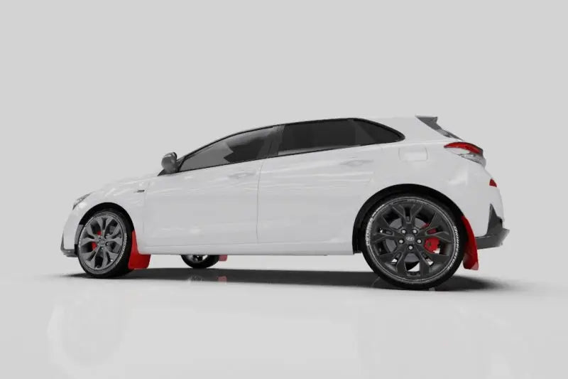 White Hyundai Elantra N Line with Rally Armor red mud flaps and grey logo