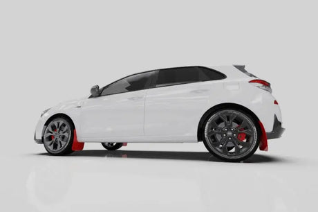 White Hyundai Elantra N Line with Rally Armor red mud flaps and grey logo