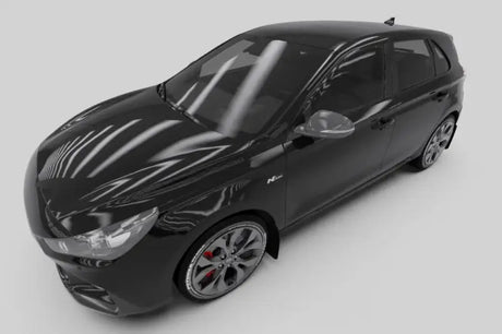 Black hatchback car featuring Rally Armor mud flaps on a Hyundai Elantra N Line