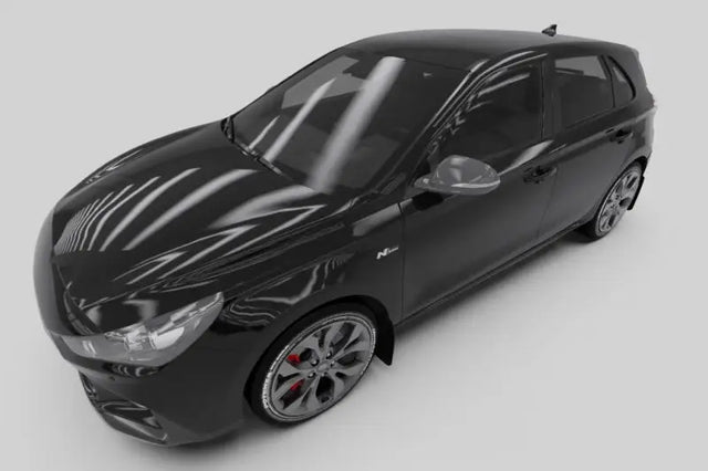 Black hatchback car featuring Rally Armor mud flaps on a Hyundai Elantra N Line