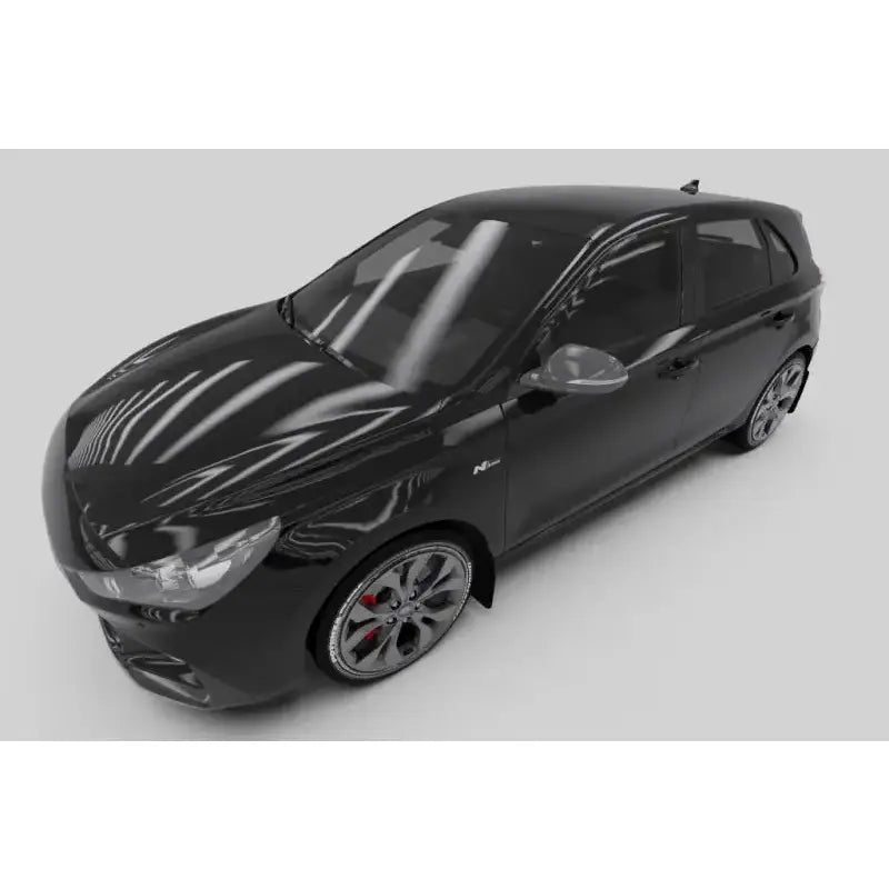 Black hatchback car featuring Rally Armor mud flaps on a Hyundai Elantra N Line