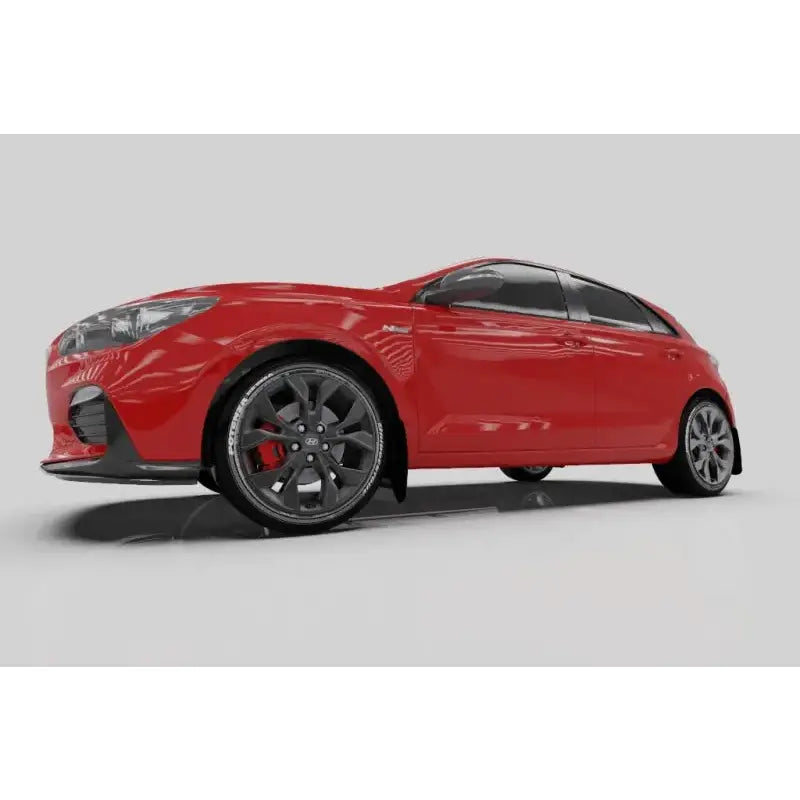 Red hatchback car with Rally Armor mud flaps on Hyundai Elantra N Line vehicle