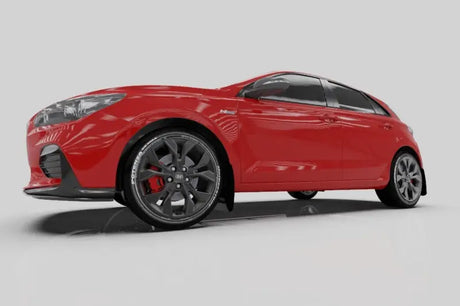 Red hatchback car with Rally Armor mud flaps on Hyundai Elantra N Line vehicle