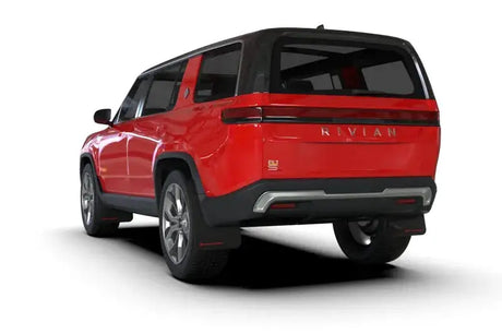 Red electric SUV with black trim showing Rally Armor Rivian R1S mud flap with blue logo