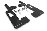 Black Rivian R1S mud flaps with white logo and mounting hardware for Rally Armor 2022+