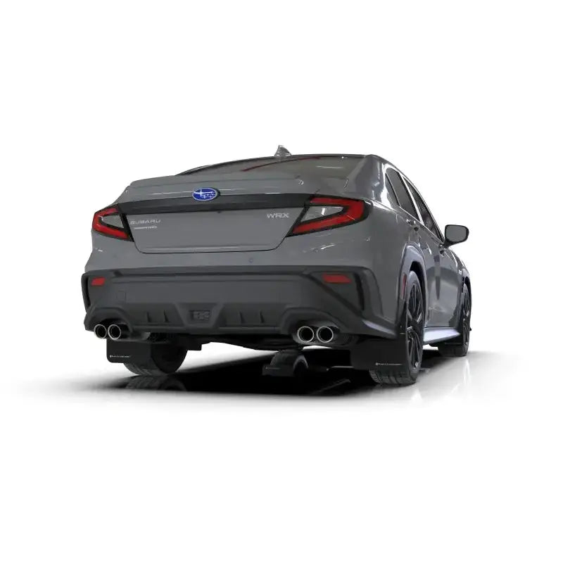 Gray Subaru WRX rear view showcasing Rally Armor 2022 Black UR Mud Flaps with logo