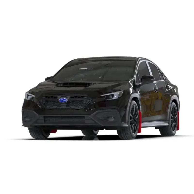 Black Subaru WRX with red mud flaps showing Rally Armor 2022+ urethane mud flaps with red mud flaps