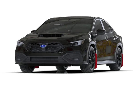 Black Subaru WRX with red mud flaps showing Rally Armor 2022+ urethane mud flaps with red mud flaps