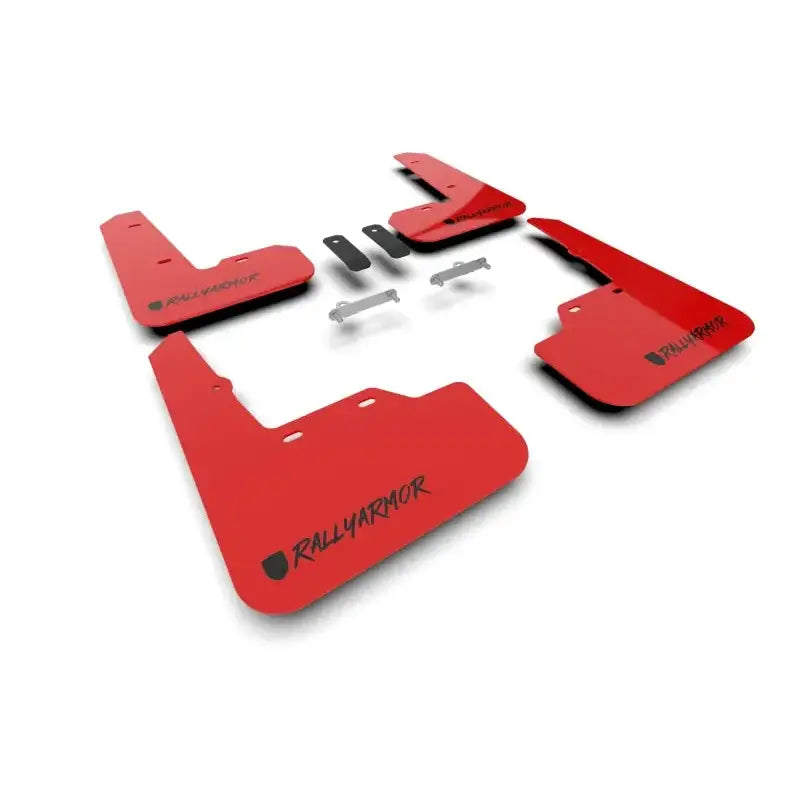 Red car mud flaps with mounting hardware for Subaru WRX rally armor urethane mud flaps