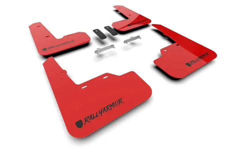 Red car mud flaps with mounting hardware for Subaru WRX rally armor urethane mud flaps