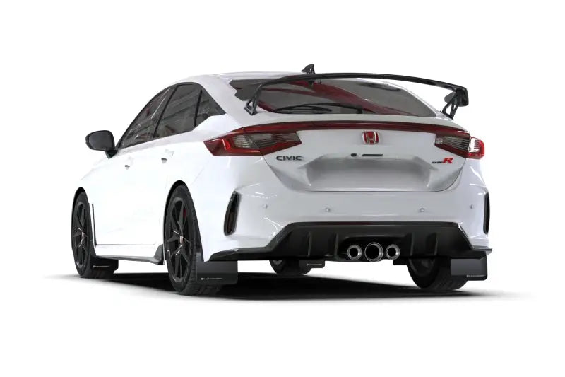 Rally Armor 2023+ Honda Civic Type R black mud flaps with red logo, featuring premium polyurethane construction and UV-resistant urethane for maximum durability and protection.