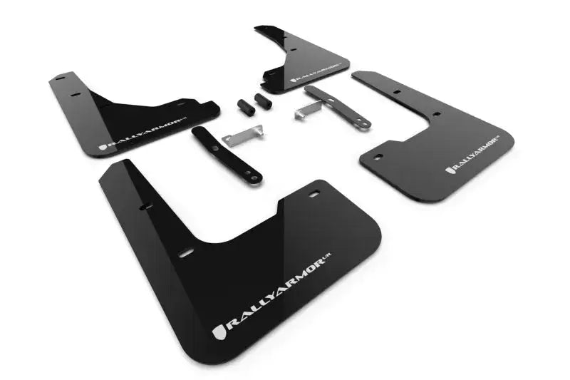 Four black mud flaps with white logo and mounting hardware for Hyundai Elantra 2024