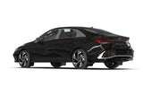Black modern Hyundai Elantra sedan with intricate wheel designs and white logo mud flap