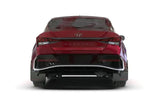 Rear view of a red Hyundai Elantra with black mud flap and white logo in Rally Armor 2024