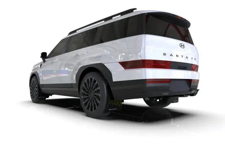 White Hyundai Santa Fe SUV with black mud flaps and red logo for Rally Armor 2024+