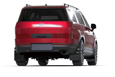 Red SUV rear view with Rally Armor Hyundai Santa Fe Black Mud Flap w/ White Logo