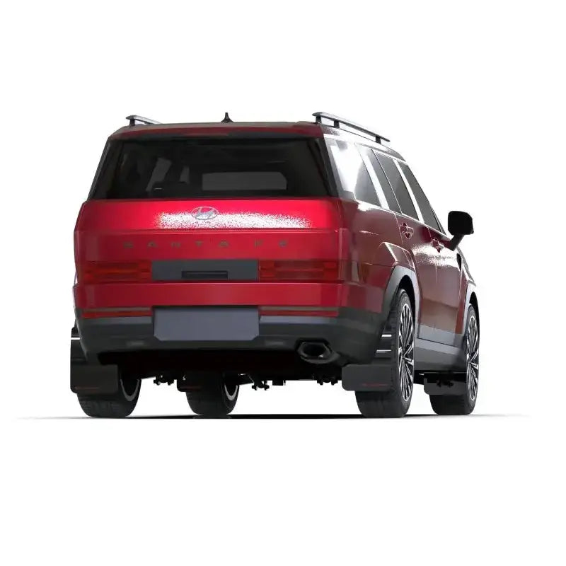 Red SUV rear view with Rally Armor Hyundai Santa Fe Black Mud Flap w/ White Logo