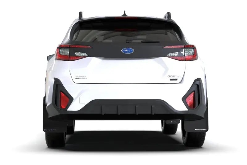 White 2019 Subaru Crosstrek SUV with Rally Armor black UR mud flaps and light blue logo