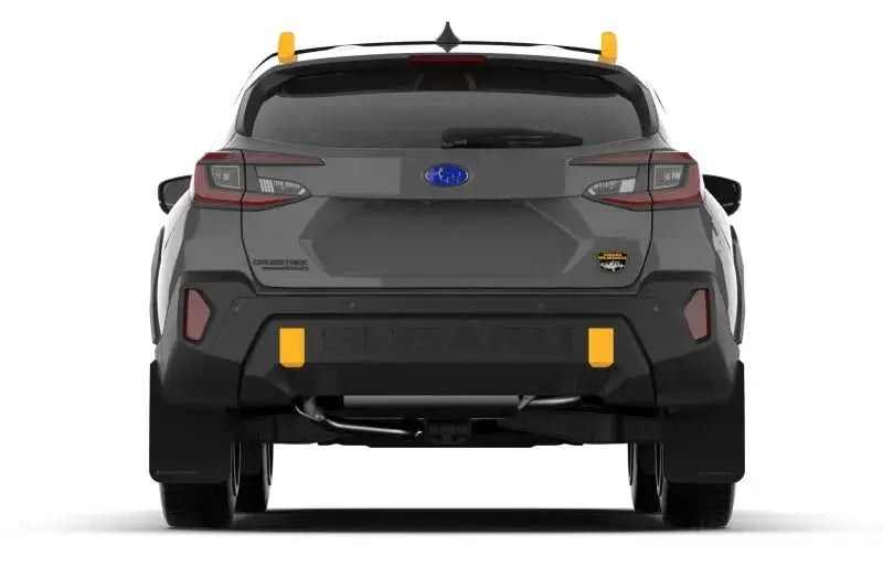 Dark gray Subaru Crosstrek Wilderness with yellow accents and Red Logo Black UR Mud Flap